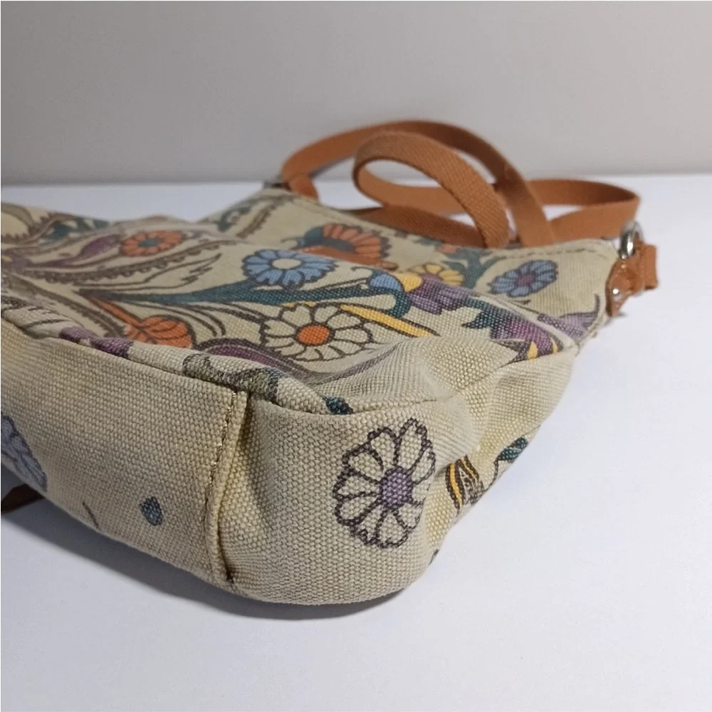 Fossil Vintage Cotton Floral Print Crossbody bag In Tan With Brown Leather Strap